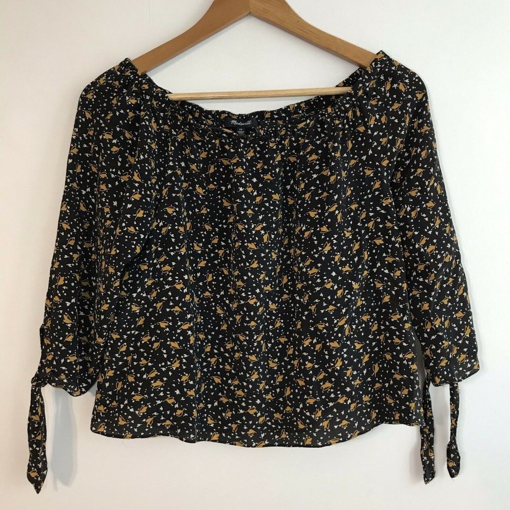 Madewell Women's XS 100% Silk Off The Shoulder Falling Leaves Blouse Black Gold